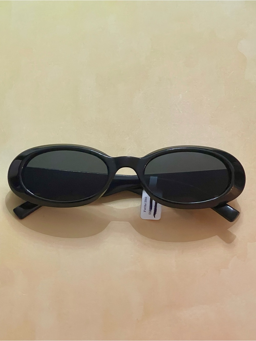 Free People Glossy Black Slim Oval Retro Boho Sunglasses with gold accents - Picture 7 of 15